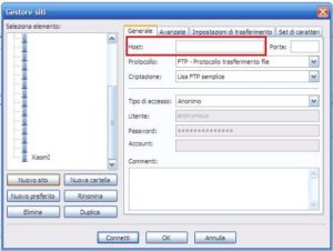 da filezilla è evidenziata la voce host con una cornice rossa