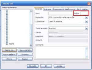 numero porta su filezilla imposta su 2121