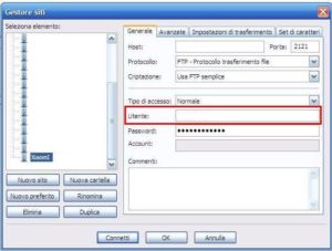 dalla schermata di filezilla, la voce nome utente ha una cornice rossa intorno per essere più in evidenza