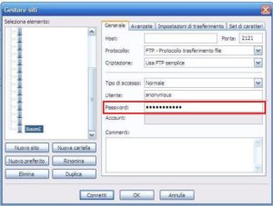 da filezilla la voce dove va messa la password è inquadrata in rosso