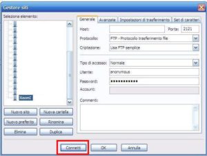 da filezilla il pulsante connetti è con una cornice rossa intorno per maggior visibilità