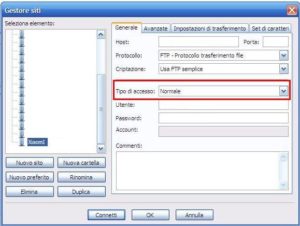 da filezilla il tipo di accesso selezionato è normale