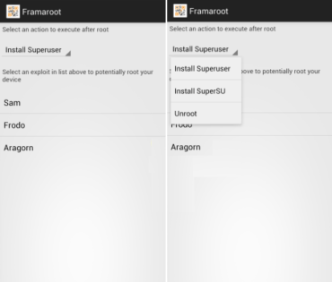 schermate dall'applicazione Framaroot per android per sbloccare il root sui dispositivi