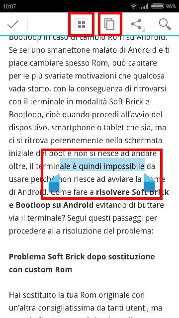 testo di esempio evidenziato da copiare con inquadrate le icone copia e il testo che si vuole copiare è evidenziato in celeste. L'icona con i 4 quadrati evidenzia tutto il testo