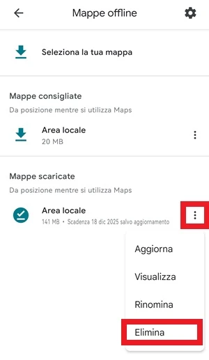 schermata mappe offline di google maps con in evidenza con un riquadro l'icona menu con 3 punti e la voce elimina