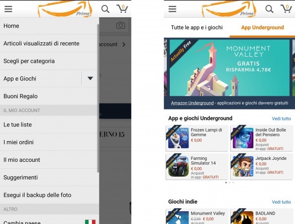 schermata principale dell'app amazon underground