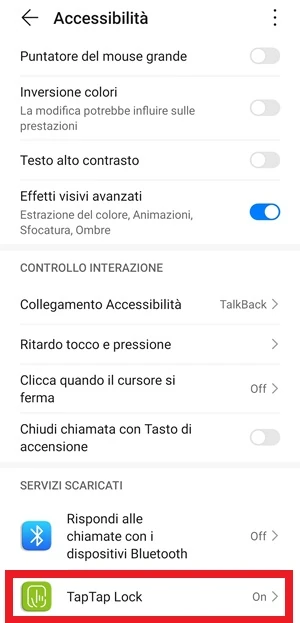 dalla pagina accessibilità di android, taptap talk è impostato su on