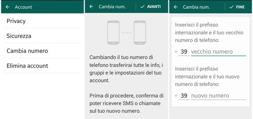 schermata da cui si vedono le voci necessarie per poter cambiare numero e importare le chat