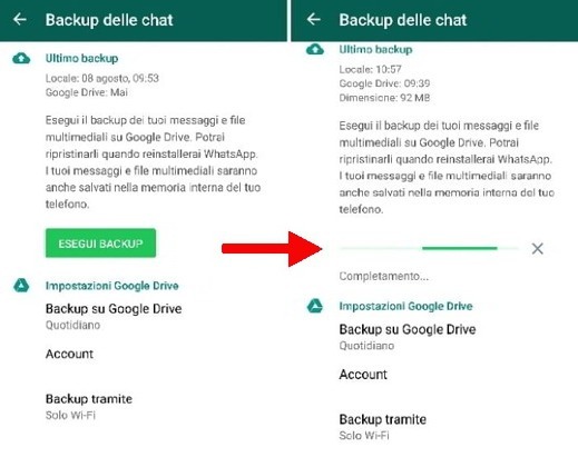 schermata backup delle chat di WhatsApp per il trasferimento delle conversazioni da un numero di telefono all'altro