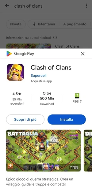 schermata del google play giochi da cui si può installare l'applicazione clash of clans
