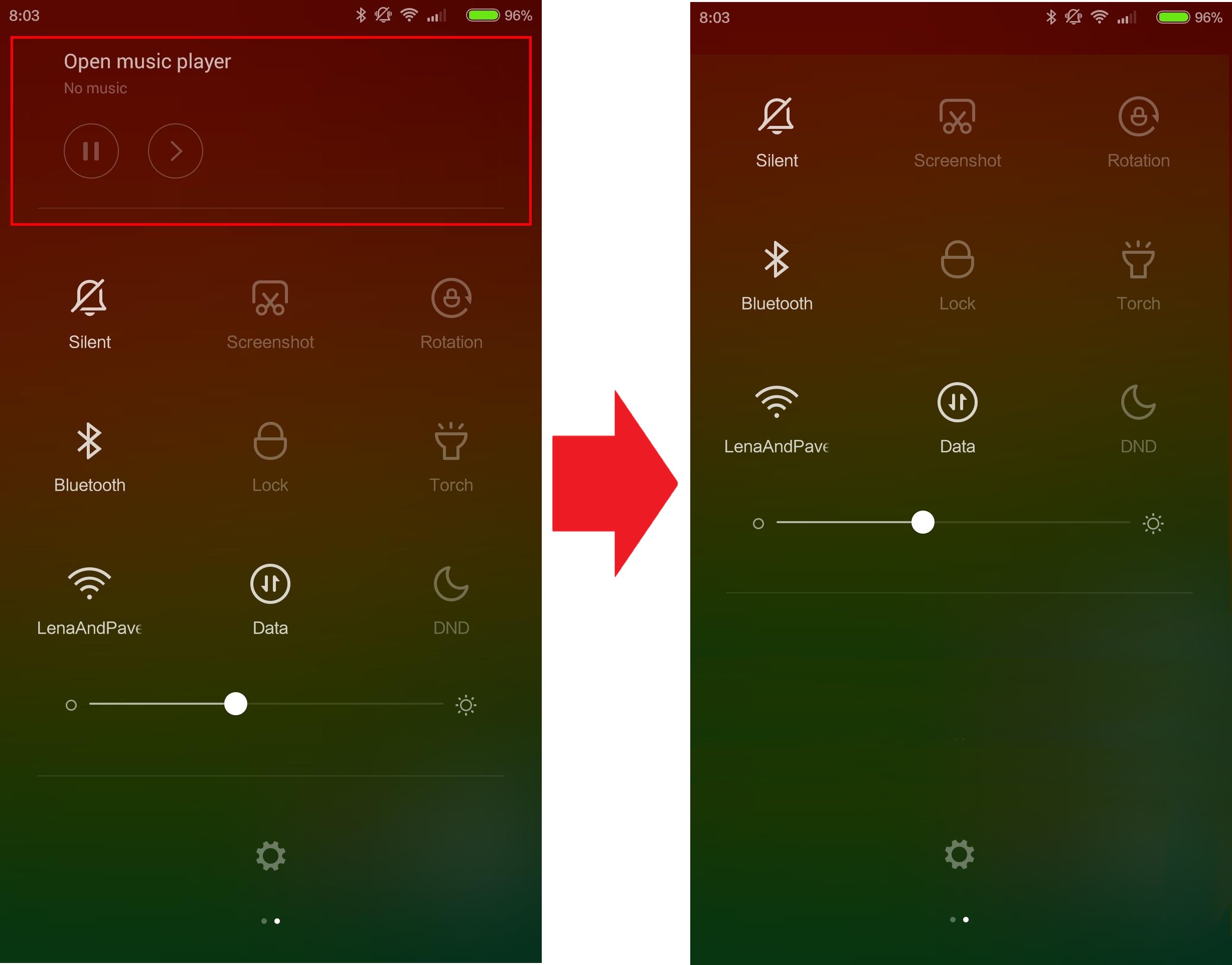 schermata che mostra come viene rimosso il music player dalla tendina dei toggles