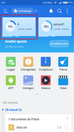 schermata di ex gestore file con indicato lo spazio di memoria interna occupato