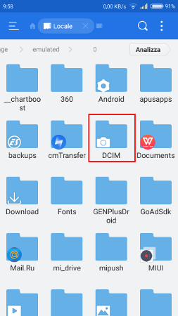 da Ex Gestore File è in evidenza la cartella dcim