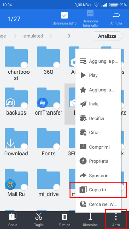 dall'app Ex Gestore File nel menu è selezionata la voce copia in
