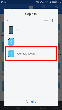 da Ex Gestore File è selezionata la voce /storage/sdcard1 nella schermata copia in