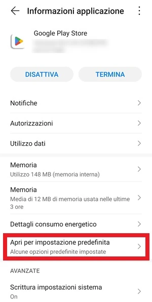 dalla schermata informazioni applicazione del google play store, è in risalto la voce apri per impostazioni predefinita