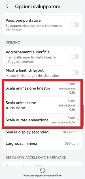 dalle opzioni sviluppatore di android sono in risalto le voci scala animazione finestra, scala animazione transizione e scala durata animazione