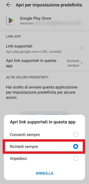 dalla sezione apri per impostazione predefinita del play store nella finestra apri link supportati in questa app è selezionato richiedi sempre