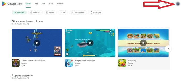 dal play store web una freccia indica l'icona del profilo personale