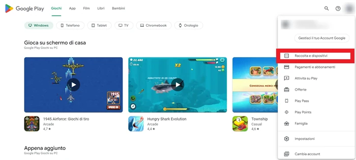 dal menu che appare nel play store dopo aver cliccato sull'icona profilo è in evidenza la voce raccolta e dispositivi