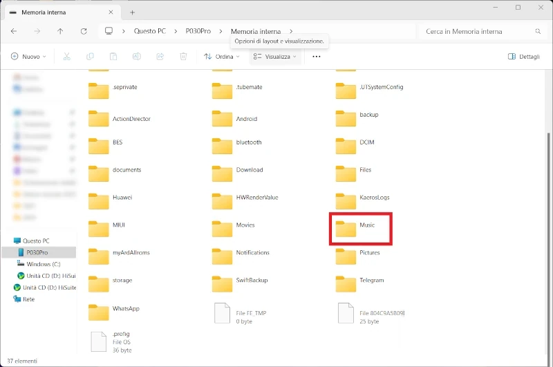 dal pc su esplora file di windows è selezionata la cartella music