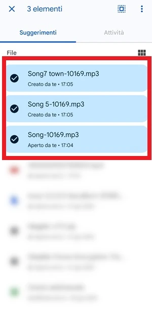 schermata di drive con le canzoni mp3 selezionate con il segno di spunta