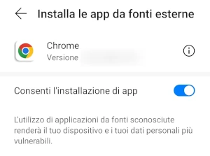 dalla pagina installa le app da fonti esterne di chrome, l'interruttore è acceso