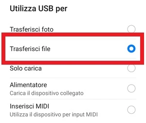 schermata android utilizza usb per ed è selezionata la voce trasferisci file
