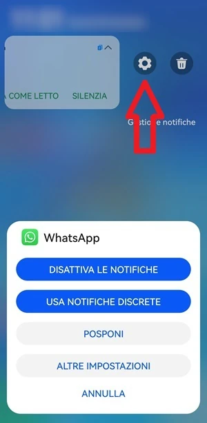 tendina delle notifiche dello smartphone con indicata con una freccia l'icona delle impostazioni e dal menu che appare va premuto il pulsante disattiva le notifiche