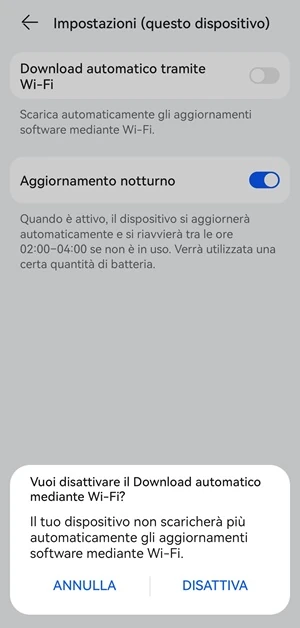 pagina impostazioni (questo dispositivo) con l'opzione download automatico tramite wi-fi disattivato e il messaggio che spiega le conseguente sul fondo dello schermo