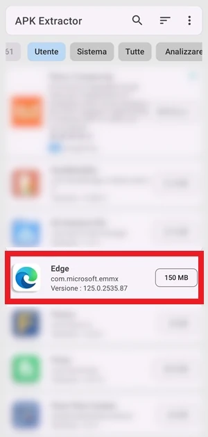 da App APK Extractor & Analyzer è selezionata con una cornice l'app Edge
