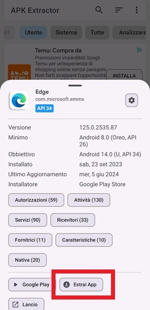 per l'app Edge è evidenziata con una cornice rossa il pulsante Estrai app