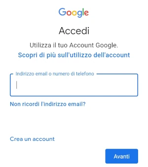 schermata di accesso al proprio account google, dove viene richiesto l'indirizzo email o numero di telefono