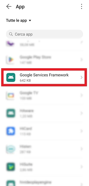 evidenziato con un riquadro rosso l'app Google Services Framework che è visibile nella schermata con tutte le app installate