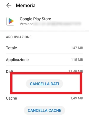 pulsante cancella dati del google play store con una cornice rossa intorno