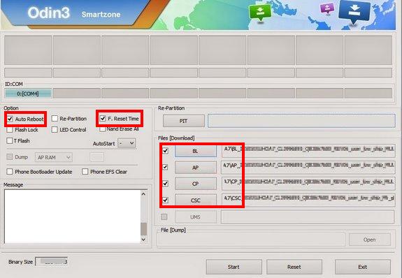 schermata odin3 con in evidenza le opzioni auto reboot, f reset time e le voci sotto files (download)