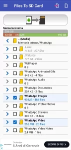 schermata di Files to sd card con selezionati WhatsApp images e WhatsApp video