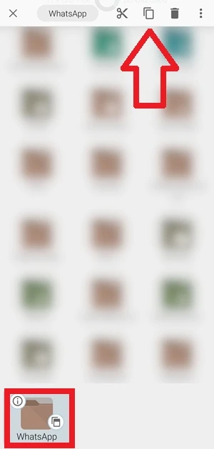 da fx file explorer è indicata con una freccia l'icona copia e con un riquadro è evidenziata la cartella di whatsapp