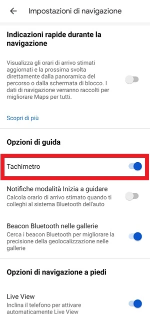 il tachimetro attivato con apposito interruttore dalla pagina impostazioni di navigazione di google maps