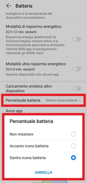 dalla schermata batteria di android accessibile dalle impostazioni c'è in evidenza la voce percentuale batteria e la finestra con diverse opzioni tra cui scegliere