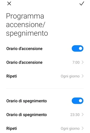 dalla sezione programma accensione / spegnimento è attivo l'interruttore per l'orario di accensione e quello di spegnimento