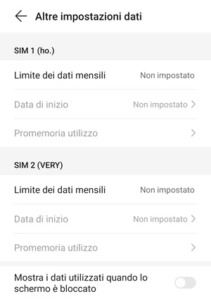 da altre impostazioni dati è possibile accedere al menu che permette di modificare il limite dei dati mensili per le sim in uso