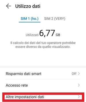 dalla pagina utilizzo dati, la voce altre impostazioni dati è stata selezionata con un riquadro rosso