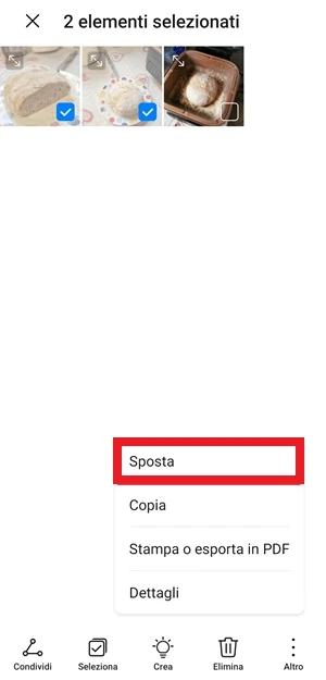 dalla galleria fotografica del telefono è selezionata la voce sposta