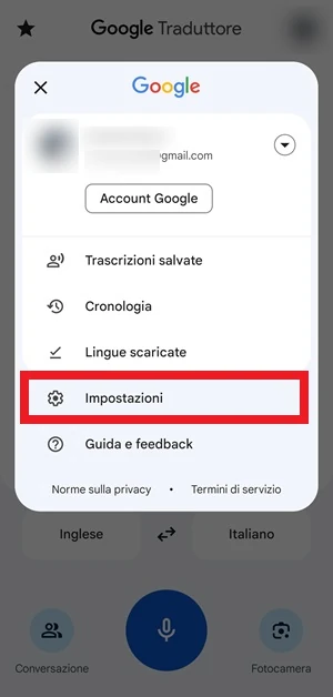 da google traduttore la voce impostazioni è evidenziata con un riquadro rosso