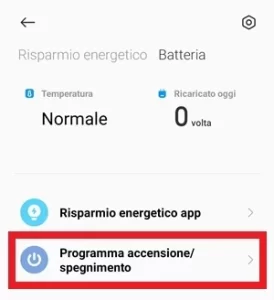 dalla sezione batteria è evidenziata la voce programma accensione / spegnimento