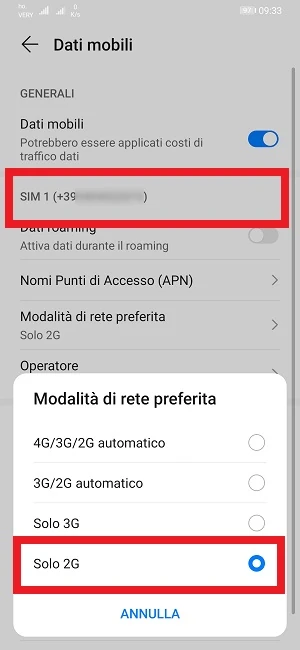 la sim è stata selezionata dalla pagina dati mobili delle impostazioni di android, inoltre è stata impostata come rete solo 2g