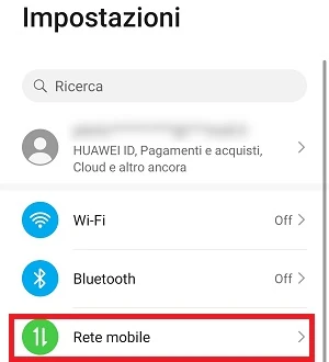 dalla pagina delle impostazioni di android, la voce rete mobile è messa in risalto rispetto alle altre in elenco