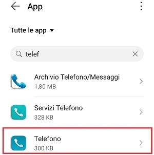 dalla lista delle app si è cercato telef con la barra di ricerca ed è stata selezionata l'applicazione telefono