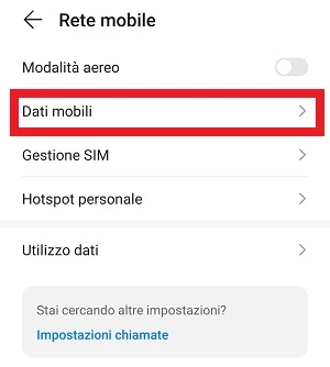 la voce dei dati mobili è selezionata dalla sezione della rete mobile